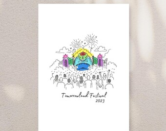 Impresión digital A4 del Festival Tomorrowland, descarga de arte mural del festival, bocetos musicales, dibujo pop a color, regalo para amantes de los festivales.