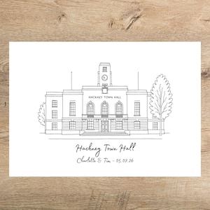 May include: A monochrome line drawing of Hackney Town Hall, featuring a clock tower and arched windows. The text "Hackney Town Hall" and the names "Charlotte & Tim - 05.07.26" are below the building.