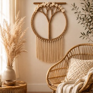 May include: A circular macrame wall hanging featuring a brown tree design with cream-colored crocheted flowers along the top branches and a fringe of cream-colored yarn hanging from the bottom, suspended from a horizontal wooden rod.