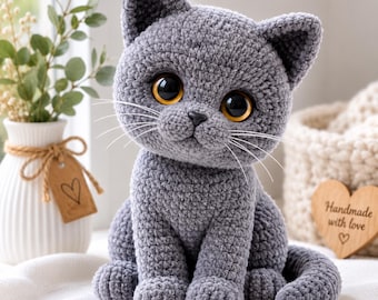 Crochet Cat Pattern PDF, British Shorthair Kitten, Velvet Yarn Toy (Digital Download)
