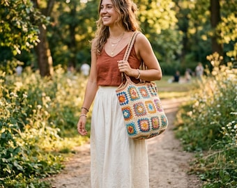 Granny Square Tote Bag Crochet Pattern | Boho Patchwork Shoulder Bag (PDF Download)