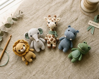 Safari Amigurumi Crochet Pattern Bundle | Lion, Elephant, Giraffe, Hippo, Crocodile (PDF Download)