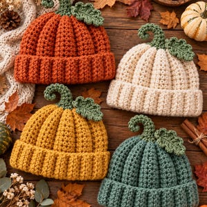 May include: Four crocheted beanies shaped like pumpkins in orange, cream, yellow, and sage green. Each hat features a ribbed texture, a curled green stem at the top, and a small green leaf accent attached to the side of the stem.