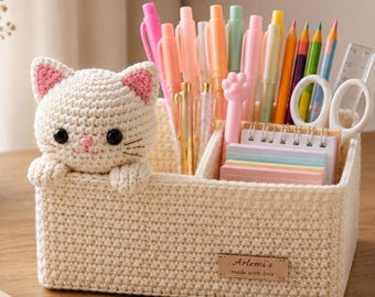 Kitty bureauopberger gehaakt patroon pdf, amigurumipatroon kat pennenhouder, bureauopberger gehaakt, digitale download EN DE
