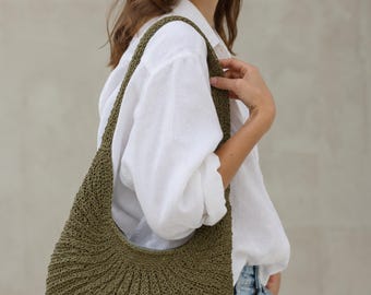 Olive Crescent Tote Crochet Bag Pattern PDF, Raffia Shoulder Bag (Digital Download)