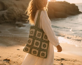 Patroon gehaakte draagtas, oma vierkante strandtas, boho kustontwerp (pdf-download)
