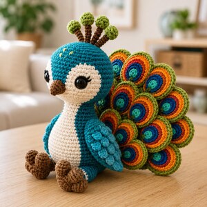 May include: A crocheted peacock stuffed animal featuring a blue head and body, a cream-colored chest, and brown feet. It has a crest of four green-topped brown stalks and a large, fanned tail made of concentric circles in green, orange, and blue.