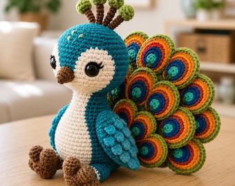 Crochet Peacock Amigurumi Pattern, Colorful Bird Plushie Tutorial (PDF Download)