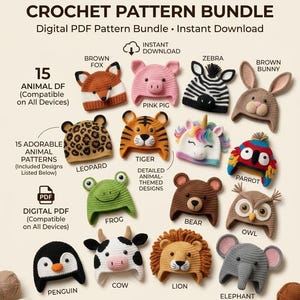Puede incluir: Un paquete de patrones de ganchillo en PDF digital con 15 gorros de animales que incluyen zorro, cerdo, cebra, conejo, leopardo, tigre, unicornio, loro, rana, oso, búho, pingüino, vaca, león y elefante. El texto dice 15 ANIMAL HATS CROCHET PATTERN BUNDLE.