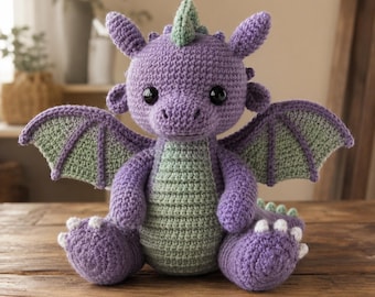 Crochet Dragon Amigurumi Pattern, Kawaii Purple Plush Toy Tutorial (PDF)