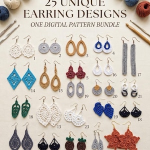 May include: A digital pattern bundle titled 25 UNIQUE EARRING DESIGNS featuring twenty-five pairs of crocheted earrings in various shapes and colours, including white, blue, grey, brown, and red, with crochet hooks and yarn balls visible.
