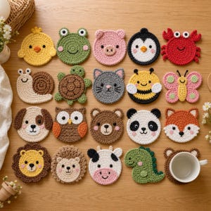 Könnte beinhalten: Eine Sammlung von zwanzig runden Häkeluntersetzern mit verschiedenen Tiermotiven, darunter ein Küken, Frosch, Schwein, Pinguin, Krebs, Schnecke, Schildkröte, Katze, Biene, Schmetterling, Hund, Eule, Bär, Panda, Fuchs, Löwe, Igel, Kuh und Dinosaurier.