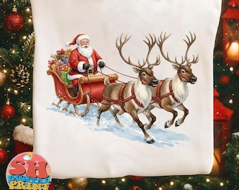Santa with Reindeer PNG | Christmas Sleigh Clipart | Festive Holiday Sublimation Design for Apparel & Crafts