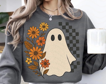 Retro Ghost with Flowers PNG: Halloween Sublimation Design