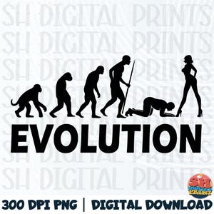 Puede incluir: Gráfico de silueta negra que representa la evolución humana, desde el simio hasta la forma moderna, con la palabra "EVOLUTION" en letras negras en negrita. La imagen incluye texto en la parte inferior que indica que es una descarga digital PNG de 300 DPI.
