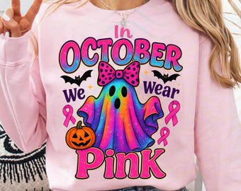 In October We Wear Pink Neon Halloween Ghost Breast Cancer Awareness PNG