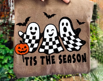 Retro Halloween Ghost Print: Checkered Pumpkin PNG Design (Digital Download