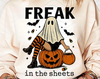 Funny Halloween Ghost Girl Print - Freak in the Sheets Pumpkin Shirt - Spooky Season Witch core Design - Halloween Pinup Ghost Design