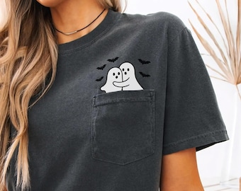 Cute Ghost Couple Hugging Halloween Clipart | Spooky Bats PNG | Kawaii Ghosts Digital Download | Halloween Shirt Sublimation Design