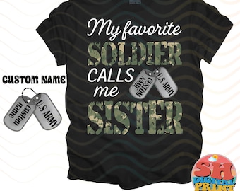 Custom Army Sister Shirt: Personalized Camo Print with Dog Tags