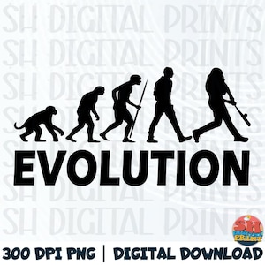 Op de afbeelding: Zwarte silhouetafbeelding die de menselijke evolutie weergeeft, van aap tot moderne persoon met een honkbalknuppel. Het woord "EVOLUTION" staat in vette, zwarte letters. Het is een digitale download.