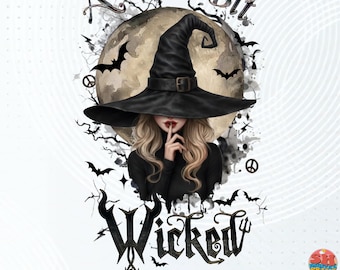 Wee Bit Wicked Halloween PNG | Gothic Witch Girl Shirt Design | Spooky Moon & Bats Graphic | Halloween Sublimation PNG | Instant Download