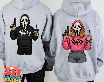 Hubby & Wifey Ghost Mask Couple PNG: Halloween Hoodie Design (Digital Download)