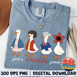 May include: A light blue Comfort Colors t-shirt with a graphic of four cartoon geese in costumes. The text "just a STRANGER goose" is below the geese. A gold necklace is draped across the shirt.
