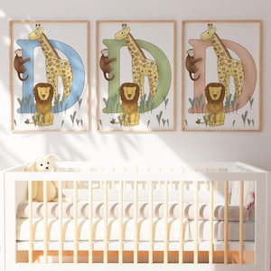 Impresión de letra inicial D para guardería de bebés y niños pequeños de safari: decoración de guardería, impresión de dormitorio de animales de safari, arte de pared con letras para guardería boho, regalo para bebé