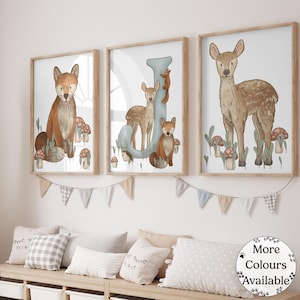 Pacote de arte de parede com letras de animais para berçário da floresta, inicial J, impressão de amigos da floresta, monograma de berçário, decoração de berçário caprichosa, presente boho para bebê