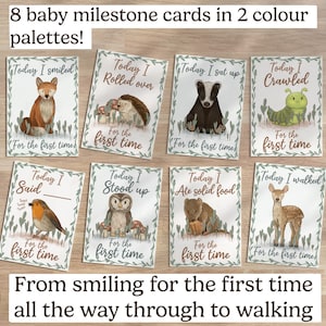 Cartes jalons bébé des bois, cartes jalons animaux des bois bohèmes, jeu de cartes imprimables jalons de la première année des bébés, cartes jalons bébé