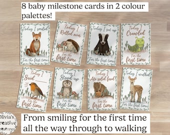 baby milestone cards woodland animals, boho first year printable milestone cards set, cute pink milestone cards, baby boy milestone cards