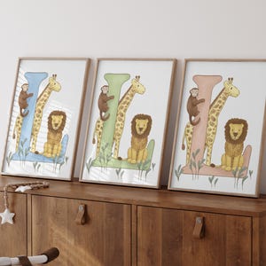 Letra inicial de guardería de safari con impresión L: decoración de pared para guardería, impresión inicial de bebé, guardería con temática animal bohemia, arte de pared imprimible para guardería