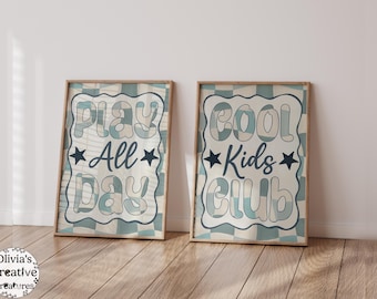 retro checkerboard children's prints, play all day playroom wall art, cool kids club bedroom art, blue toddler decor, boys room poster