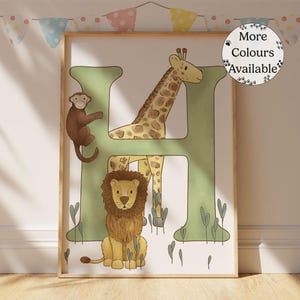 Impresión de letra inicial H para guardería de bebés y niños pequeños de safari: decoración de guardería, impresión de dormitorio de animales de safari, boho, arte de pared con letras para guardería, bebé