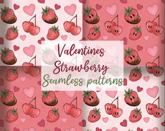 Pink and red Valentine’s Day seamless pattern, strawberry and cherry valentine digital paper, heart scrapbook background, coquette pattern