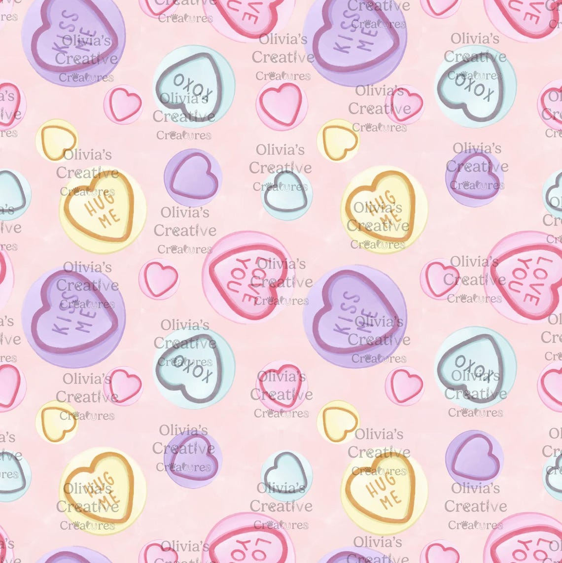 Valentines Candy Hearts Seamless Pattern, Conversation Hearts Digital ...