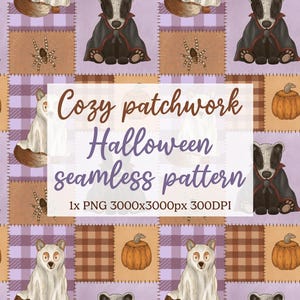 Op de afbeelding: Een naadloos Halloween-patroon met een patchwork-ontwerp. Het bevat cartoon dieren, pompoenen en spinnen. De tekst "Cozy patchwork Halloween seamless pattern" wordt weergegeven. Het patroon is 3000x3000px.