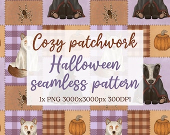 Naadloos Halloween-patchworkpatroon, spookachtig seizoenspatroon, schattig herfstpompoenbehang, boho halloween naadloos papier, cottagecore-patroon