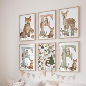 Impresión de la letra F de animales del bosque para guardería, arte de pared inicial bohemio para guardería, monograma para guardería, regalo para bebé, arte de animales del bosque