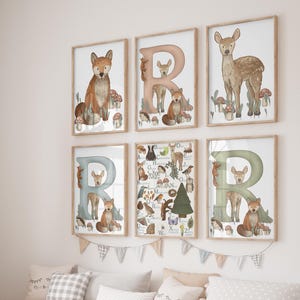 Paquete de arte de pared con letras de animales de guardería del bosque (inicial R, impresión de amigos del bosque, monograma de guardería, decoración de guardería caprichosa, regalo bohemio para bebé)