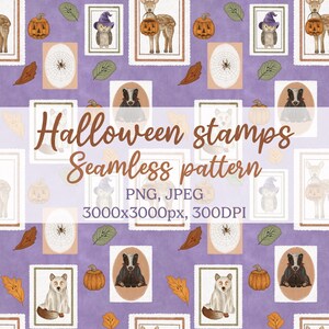 May include: A seamless pattern of Halloween-themed stamps on a lilac background. The stamps depict a deer with a pumpkin, an owl in a witch hat, a spider web, a fox in a ghost costume, and a badger. The text "Halloween stamps Seamless pattern" is also present.