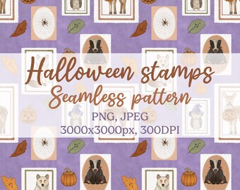 May include: A seamless pattern featuring Halloween-themed postage stamps on a purple background. The stamps showcase illustrations of a deer with a pumpkin, an owl in a witch hat, a spider web, a fox in a ghost costume, and a badger. The text "Halloween stamps Seamless pattern" is also present.