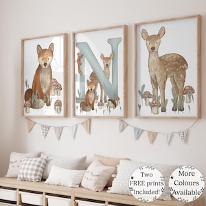 Pacote de arte de parede com letras de animais da floresta para berçário, monograma de amigos da floresta, decoração de berçário caprichosa, presente boho para bebê