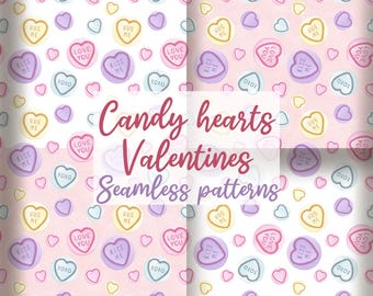 Valentines candy hearts seamless pattern, conversation hearts digital paper, Valentine’s Day repeat pattern, pastel rainbow hearts PNG
