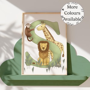 Impresión inicial S de safari para guardería de bebés y niños pequeños: decoración de guardería, impresión de dormitorio de animales de safari, arte de pared con letras de guardería boho, regalo para bebé recién nacido