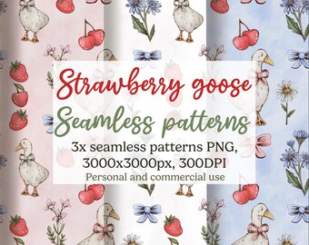 May include: Seamless patterns featuring a goose with a pink bow, strawberries, cherries, and flowers. The text reads "Strawberry goose Seamless patterns". The patterns are in shades of pink, white, and blue.