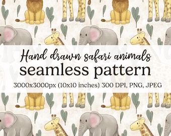 safari animals seamless pattern, boho elephant scrapbook paper, animal pattern PNG, giraffe printable paper, baby lion digital wallpaper