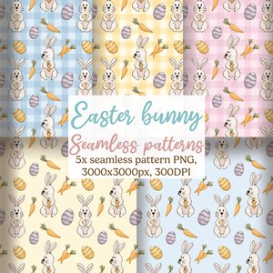 May include: Five seamless Easter patterns featuring bunnies, carrots, and Easter eggs. The patterns are set against pastel gingham and solid color backgrounds in blue, yellow, and pink. The image includes the text "Easter bunny seamless patterns".
