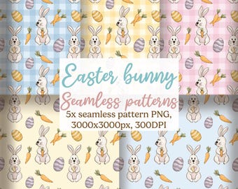 Easter bunnies watercolour seamless patterns, pastel gingham plaid Easter patterns, carrots and bunny digital paper, Easter eggs background